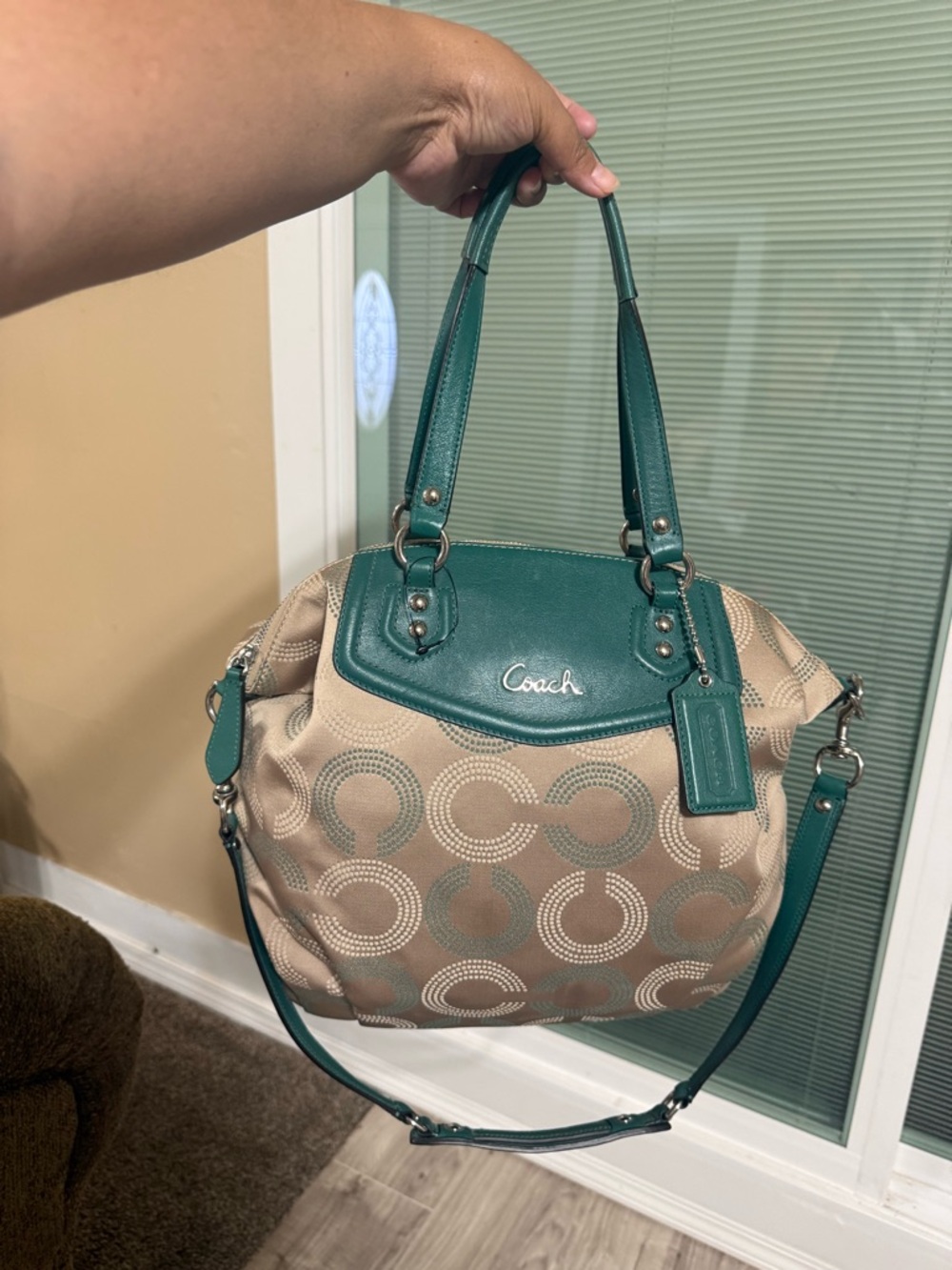 Coach Beige Signature Satchel with Teal Leather Trim